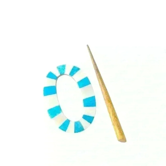 Handmade Mango Wood & Responsibly Sourced Bone Inlay Hair Pin /Turquoise & Ivory - Picture 4 of 4